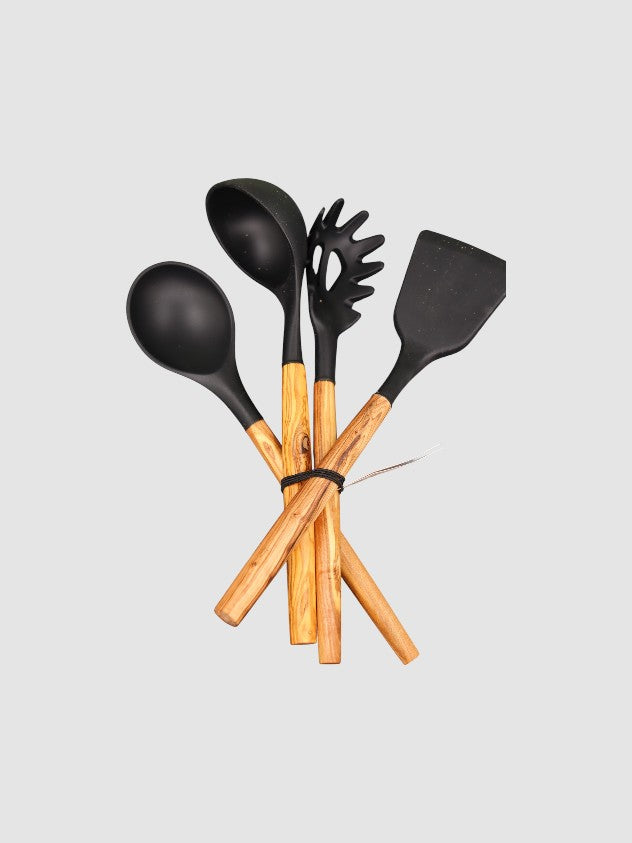 SET OF 4 SILICON COOKING UTENSILS WITH OLIVE WOOD HANDLE