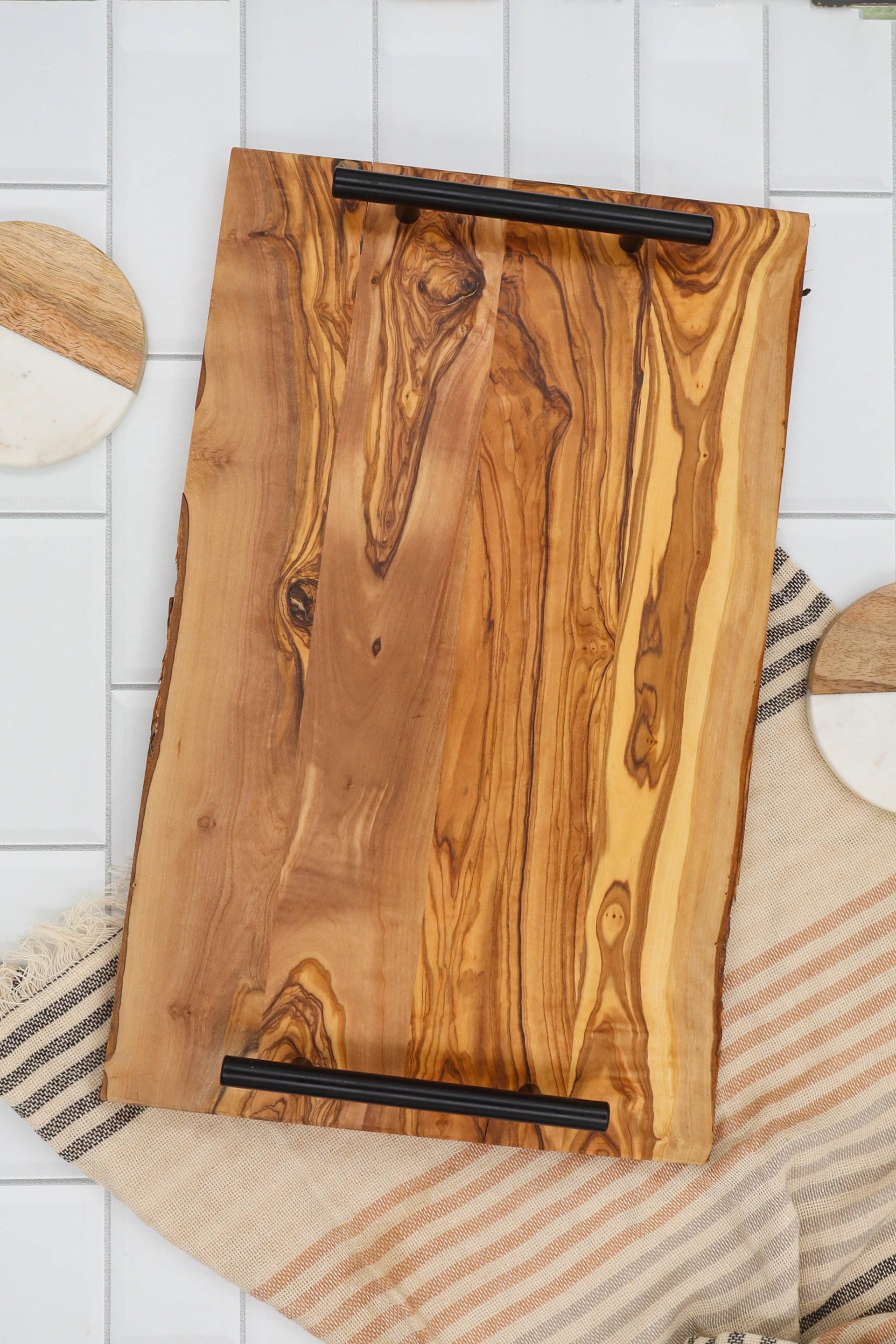 16.5" OLIVE WOOD SERVING TRAY WITH METAL HANDLES