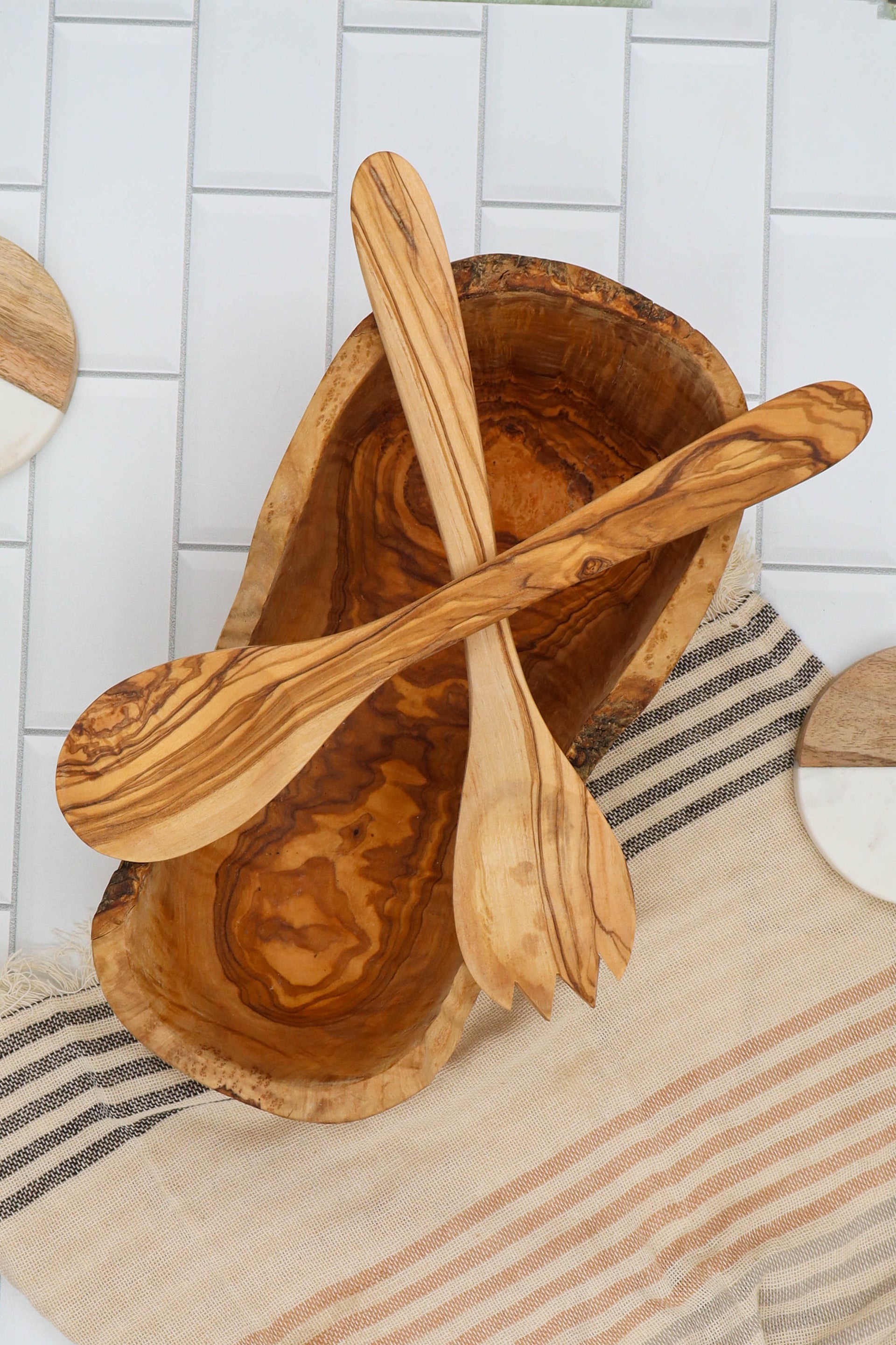 OLIVE WOOD BOAT SHAPED BOWL AND SALAD SERVERS GIFT SET