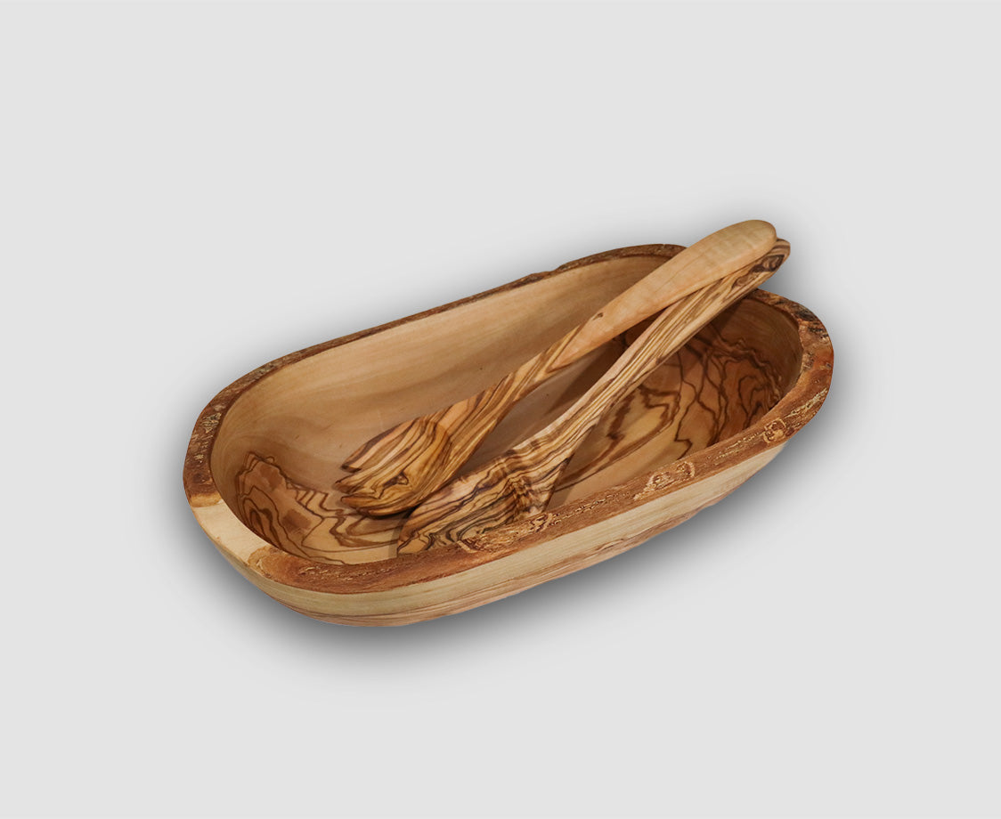 OLIVE WOOD BOAT SHAPED BOWL AND SALAD SERVERS GIFT SET