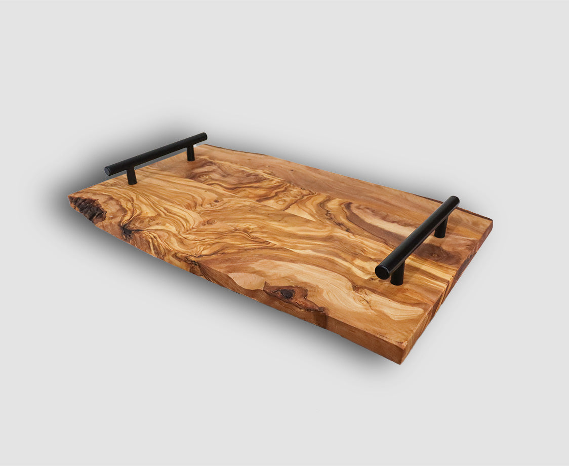 16.5" OLIVE WOOD SERVING TRAY WITH METAL HANDLES