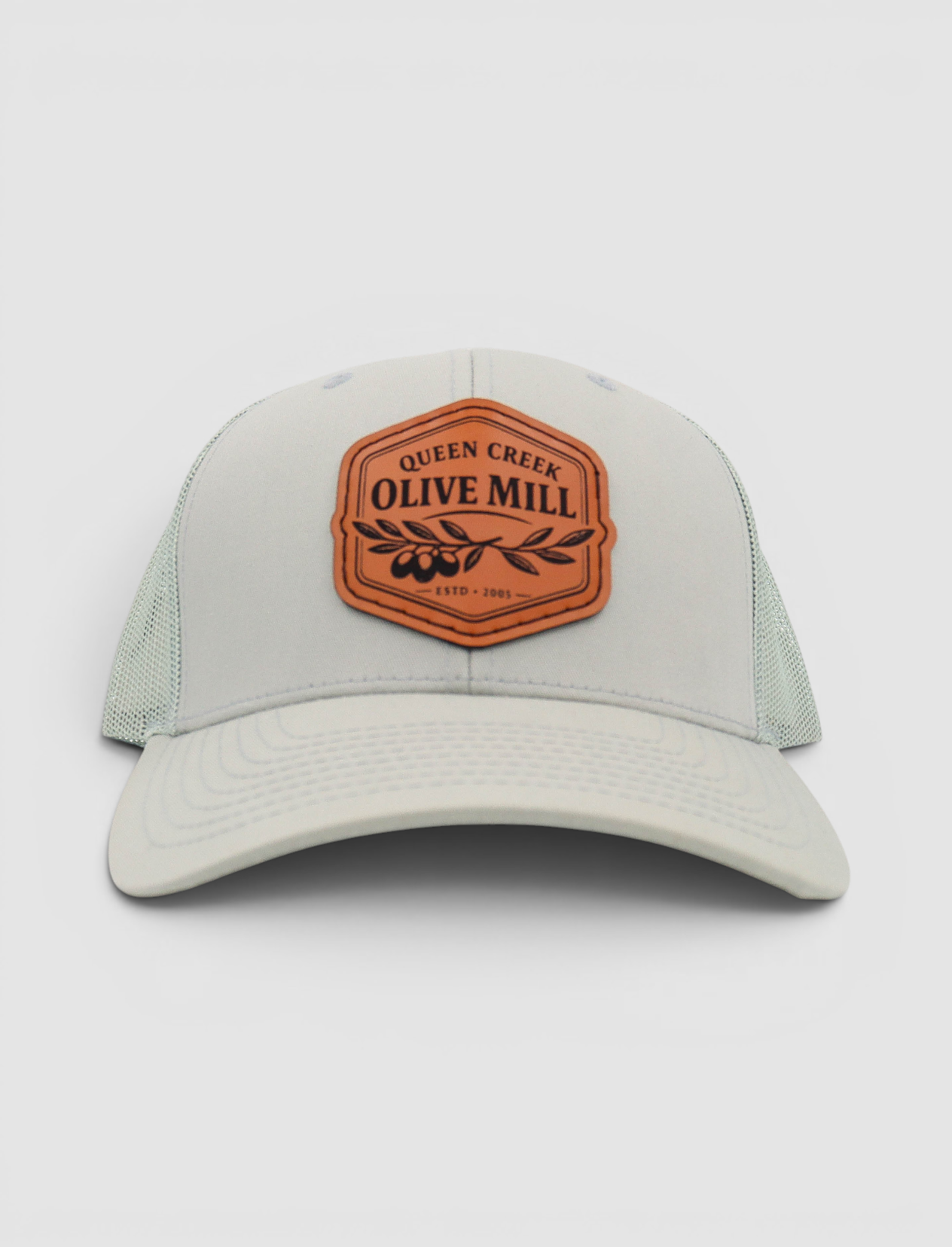 LEATHER PATCH HAT WITH OLIVE BRANCH DESIGN