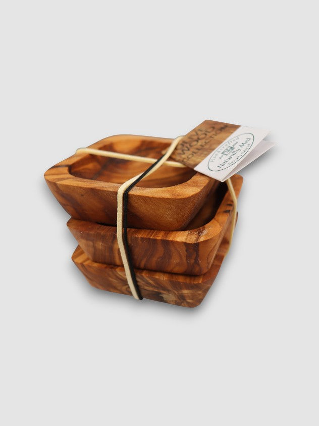 GIFT SET OF 3 SQUARE OLIVE WOOD DIPPING BOWLS