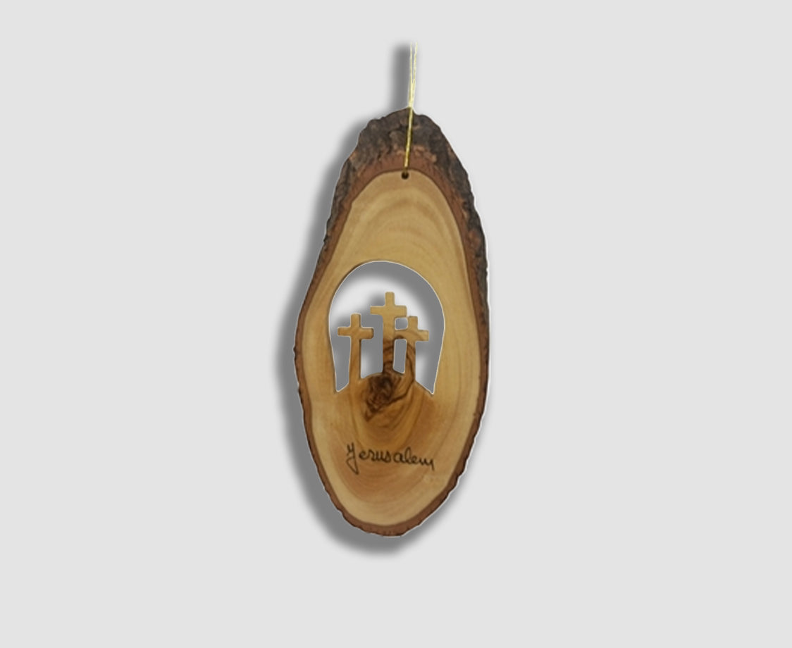 BARK SLICE WITH THREE CROSSES ORNAMENT